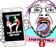arm countrywar glasses hair hand holding_object holding_phone i_hate i_love iphone italy lipstick mustache open_mouth phone pink_hair purple_hair safe_edgy shitaly soyjak stubble text tongue tranny twitter variant:bernd yellow_teeth // 6141x5089 // 4.6MB