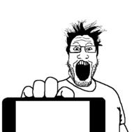 alternate arm clothes glasses hair hand holding_object open_mouth phone soyjak soyjak_holding_phone stubble template tshirt variant:markiplier_soyjak // 637x624 // 6.3KB