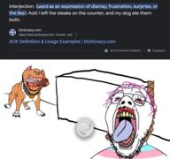 bloodshot_eyes dog glasses hanging open_mouth pitbull purple_hair rope soyjak steak stubble tongue tranny variant:impish_soyak_ears variant:isaac // 4179x3924 // 4.5MB