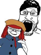 2soyjaks clothes glasses hair hat holding_object madeline open_mouth red_hair smile soyjak stubble toy variant:a24_slowburn_soyjak variant:markiplier_soyjak // 2556x3408 // 150.9KB