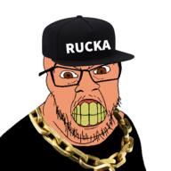 angry brown_eyes cap chain clenched_teeth clothes glasses hat mustache rucka_rucka_ali soyjak stubble variant:feraljak white_skin yellow_teeth // 1500x1500 // 697.6KB