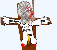 blood bloodshot_eyes crucifixion crying full_body glasses gore gynaecomastia hanging logo_daedalus open_mouth piss rope soyjak swastika text tongue variant:bernd yellow_teeth // 900x786 // 261.8KB