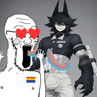 clothes flag:gay_pride_flag fundamental_paper_education glasses hair hand hands_up heart_eyes licking meta:ai_generated mister_compass open_mouth spade stubble teeth variant:soyak // 932x932 // 865.5KB