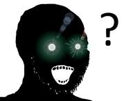 black_skin glowing glowing_eyes inverted open_mouth question_mark soyjak stubble subvariant:soyak_(crazed) text thougher variant:soyak // 950x724 // 104.5KB