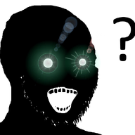 black_skin glowing glowing_eyes inverted open_mouth question_mark soyjak stubble subvariant:soyak_(crazed) text thougher variant:soyak // 950x724 // 104.5KB