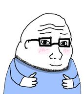 arm blue_shirt blush clothes glasses hand smile soyjak stubble thumbs_up variant:unknown // 403x451 // 53.0KB