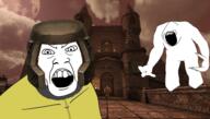 angry arm bridge castle cloud full_body hand leg moon open_mouth quake ranger shambler soyjak torch variant:feraljak variant:markiplier_soyjak video_game // 1440x819 // 1.3MB