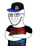 arm black_lives_matter closed_mouth clothes crossed_arms feminism feminist glasses hat liberal libertarian science smile smug soyboy soyjak stubble subvariant:soyak_(smug) tshirt variant:soyak white_background // 564x740 // 151.9KB