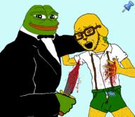 animal arm blood bloodshot_eyes blue_background clothes crying dog ear frog full_body glasses hand holding_knife holding_object janny knife leg murder open_mouth pepe push_pin shorts soyjak stab sticky stubble suit suspenders tshirt variant:soyak yellow_skin // 692x598 // 119.7KB