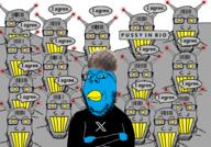 antenna barcode beak bird black_shirt blue blue_skin bot closed_mouth glasses grey_skin hair looking_at_viewer looking_at_you multiple_soyjaks npc robot smile soyjak stubble text twitter ugly variant:gapejak variant:markiplier_soyjak xitter zoomer // 2864x2000 // 763.0KB