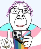 aliased fill_tool flag:progress_pride_flag flag:transgender_pride_flag glasses holding_object lips lipstick nails no_gaps phone purple_hair smile teeth template tranny transgender_flag variant:bernd yellow_fingernails // 1024x1200 // 193.2KB