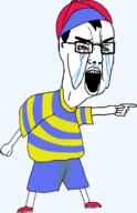 angry bloodshot_eyes cap clothes crying earthbound full_body glasses hair hat ness_(earthbound) piss_stain pointing variant:chudjak video_game // 858x1332 // 98.0KB