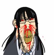 akiyama_mio angry anime blood bloodshot_eyes clenched_teeth clothes cracked_teeth ear female glasses hair k_on mustache necktie red_eyes soyjak stubble subvariant:feralrage suit variant:feraljak white_skin yellow_teeth // 778x800 // 325.8KB