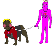 2soyjaks arch_linux arm badge banana_split_ice_cream black_skin blond blush blushing brown_skin clothes dog foot hair hand leash leg lips pink_skin quote quote_(user) soot_colors spade subvariant:hunky_twink_sex_machine subvariant:neutralplier variant:alicia variant:markiplier_soyjak white_background yellow_hair // 998x864 // 160.4KB