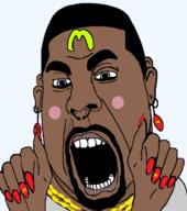 blush clothes earring facial_mark forehead_mark grey_eyes kanye_west mcdonalds necklace nose_piercing nose_ring open_mouth painted_nails soyjak subvariant:slutson teeth transparent tshirt variant:cobson // 504x569 // 95.0KB