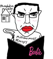 barbie blush closed_mouth ear glasses hair lipstick millions_must_die pun soyjak subvariant:chudjak_front text variant:chudjak // 615x680 // 148.3KB