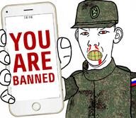 angry arm ban camouflage clenched_teeth closed_mouth clothes ear emr_pattern flag hand hat holding_object holding_phone iphone military phone red_eyes russia soyjak text thrembo variant:kuzjak yellow_teeth // 680x593 // 398.0KB