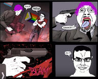 blood comic duke_nukem firearm glasses gun hand holding_gun holding_object holding_pistol lgbt_flag pink_hair pistol progress_pride_flag red_shirt smile smug suicide tongue tranny trans trans_flag variant:bernd variant:chudjak weapon white_skin yellow_teeth // 1170x944 // 813.4KB