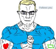 2soyjaks angry animal blue_eyes buff closed_mouth duck ear glasses heart smile smug soyjak subvariant:chudjak_front subvariant:muscular_chud subvariant:smugquack twitter variant:chudjak variant:smugjak vein yellow_hair // 1059x929 // 69.0KB