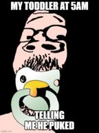 baby boomer caca closed_mouth imgflip.com impact_font okbuddyretard ominous pacifier relatable_memes soyjak stubble text trollge variant:gapejak vomit // 500x667 // 250.4KB