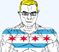 arm blue_eyes buff chicago closed_mouth clothes ear flag flag:chicago glasses hair illinois smile soyjak subvariant:chudjak_front subvariant:muscular_chud tshirt united_states variant:chudjak vein yellow_hair // 1059x929 // 71.4KB