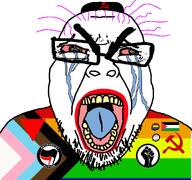 antifa black_lives_matter blm_logo bloodshot_eyes communism crying flag:gay_pride_flag flag:palestine flag:progress_pride_flag flag:transgender_pride_flag hammer_and_sickle open_mouth purple_hair red_triangle seething stubble subvariant:seethejak tranny variant:bernd // 1200x1125 // 657.8KB