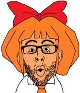 clothes ear glasses hair hair_ribbon mymy necktie ongezellig open_mouth orange_hair orange_skin soyjak stubble variant:nojak // 624x728 // 25.6KB