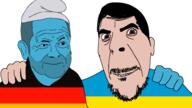 badge balding black_eyes blue_skin brown_eyes closed_mouth clothes ear flag flag:germany flag:ukraine friendship germany hair hand hat mustache no_more_brother_wars olaf_scholz politics scholzjak smile smurf soyjak stubble ukraine variant:cobson volodymyr_zelenskyy // 960x540 // 77.2KB