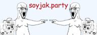 2soyjaks bloodshot_eyes comic_sans crying duel full_body glasses hair holding_object meta:banner mustache open_mouth pointing soyjak soyjak_party stubble text trend:soyjak_trio variant:a24_slowburn_soyjak variant:bernd variant:chudjak variant:gapejak variant:markiplier_soyjak variant:soyak variant:tony_soprano_soyjak // 1825x664 // 251.6KB