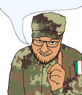 big_head brown camouflage countrywar glasses grin hand hybrid italy patch pointing smile smug soldier speech_bubble stubble variant:interjak variant:soydierjak vein white_background // 1389x1605 // 361.7KB