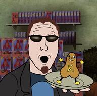 2soyjaks arm baby brown_hair closed_mouth clothes deformed glasses goatee hand holding_object holding_plate krotchy open_mouth plate postal postal_dude smile soyjak subvariant:nathaniel variant:gapejak variant:platejak video_game white_skin // 1366x1350 // 857.3KB