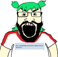 4chan 4cuck angry anime beard chud_(soybooru) clothes enthusiast glasses green_hair hair open_mouth selfish_little_fuck soyjak subvariant:science_lover text tshirt variant:markiplier_soyjak white_shirt yotsoyba // 1170x1153 // 196.6KB