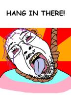 animated bloodshot_eyes crying glasses hair hanging meme mustache open_mouth purple_hair rope soyjak stubble suicide text tongue tranny variant:bernd // 768x1020 // 42.9KB