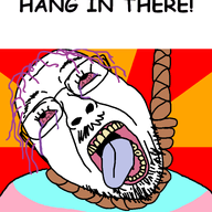 animated bloodshot_eyes crying glasses hair hanging meme mustache open_mouth purple_hair rope soyjak stubble suicide text tongue tranny variant:bernd // 768x1020 // 42.9KB