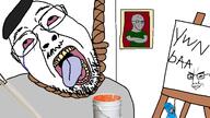 anhero arm artist bloodshot_eyes blue_skin closed_mouth clothes crossed_arms crying glasses green_shirt grey_shirt grey_skin hanging noose open_mouth paint_bucket paintbrush painter painting rotten_teeth smile smug soyjak spammer stubble subvariant:soyak_(smug) suicide tiny tongue variant:bernd variant:chudjak variant:soyak ywnbaa // 2086x1175 // 269.3KB