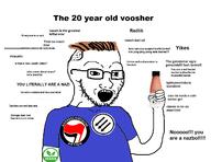 antifa arm bottle brown_hair clothes glasses hair hand holding_bottle holding_object holding_soylent open_mouth plastic_bottle soy soyjak soylent soylent_(cacao) soylent_bottle stubble text tshirt variant:soyak vaush vegan zoomer // 1324x1018 // 138.5KB