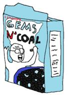 arm box cereal coal food gem glasses hand hands_up oekaki open_mouth soyjak spoon text variant:cerealjak // 501x674 // 42.6KB