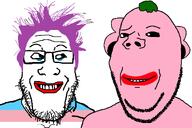 are_you_soying_what_im_soying closed_mouth ear flag:transgender_pride_flag glasses green_hair hair pink_skin pooner purple_hair red_lips smile stubble subvariant:wholesome_soyjak tranny troon variant:gapejak variant:markiplier_soyjak // 1200x800 // 300.0KB