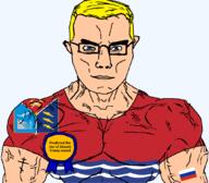 aryan award blue_eyes buff christianity closed_mouth clothes donald_trump eastern_orthodox flag flag:magadan_oblast flag:russia glasses hair magadan_oblast oblast orthodox_cross russia soyjak subvariant:chudjak_front subvariant:muscular_chud text transparent_background tshirt variant:chudjak vein yellow_hair // 1059x929 // 104.6KB