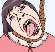 ack anime azumanga_daioh bloodshot_eyes brown_hair clothes hair hanging kasuga_ayumu open_mouth soyjak teeth tongue variant:bernd white_skin // 771x723 // 31.4KB
