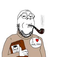 2soyjaks arm badge book closed_mouth clothes glasses hair hand holding_book holding_object i_love philosophy pipe round_glasses smile smoke smoking soyjak stubble text variant:chudjak variant:gapejak wittgenstein // 1200x1200 // 109.5KB
