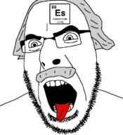 ahegao angry chemistry einstein einsteinium element glasses hair mustache open_mouth pun soyjak stubble text tongue variant:cobson white_hair // 721x789 // 44.3KB