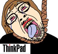 bloodshot_eyes crying glasses hair mustache open_mouth rope sobot soyjak stubble technology thinkpad tongue tranny variant:bernd yellow_teeth // 768x719 // 45.8KB