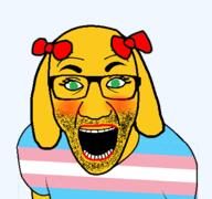 arm blush bowtie clothes dog ear flag glasses green_eyes janny makeup open_mouth soyjak stubble tranny tshirt variant:el_perro_rabioso yellow_skin // 427x400 // 29.5KB
