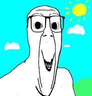 bald closed_mouth cloud distorted glasses hill smile sun teal_background teeth variant:gimper white_skin wrinkles // 947x990 // 84.5KB