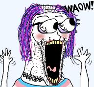 acne balding clothes eyelashes eyes_popping eyeshadow flag:transgender_pride_flag glasses hair hand hands_up lipstick makeup necklace purple_hair soyjak stubble subvariant:waow text tongue tranny variant:soyak waow yellow_teeth // 640x591 // 55.5KB
