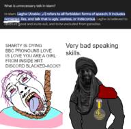 'party ack ack! arabic_text award badge blacked body discord eyes flag:transgender_pride_flag gigachad glasses hanging hrt islam laghw love_is_love mouth_open muhammad muslims nate nate_higgers nonsense nose pronouns purple_hair rope sharty smile soyjak sword teeth teeth_showing traced tranny truke truth_nuke trvke turban // 620x610 // 163.9KB