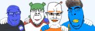4chan 4soyjaks acne anime antenna award badge beak bird blue_eyes blue_skin chud_troon_alliance closed_mouth clothes discord friendship glasses green_hair hair hugging looking_at_you no_more_brother_wars orange_eyes orange_shirt reddit smile smug snoo soyjak squinting stubble subvariant:chudjak_front subvariant:feralcord tranny twitter twitter_immigrant variant:bernd variant:chudjak variant:cobson variant:feraljak yotsoyba zoomer zoomer_hair // 3312x1080 // 676.0KB