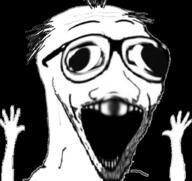 arm balding deformed glasses hand hands_up open_mouth soyjak stubble subvariant:wewjak variant:soyak // 620x585 // 190.6KB