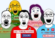 4chan 5soyjaks a_(4chan) anime bbc blacked board_soyjaks clothes dog donald_trump flag gabriel_dropout gamergate glasses green_eyes green_hair hair janny logo makeup mario mustache nintendo nintendo_switch open_mouth pol_(4chan) purple_hair reddit redditard redraw sneed soyjak stubble subvariant:chuddy text tranny tv_(4chan) v_(4chan) variant:alicia variant:chudjak variant:el_perro_rabioso variant:tvjak variant:vidyajak video_game yotsoyba // 1719x1200 // 138.0KB